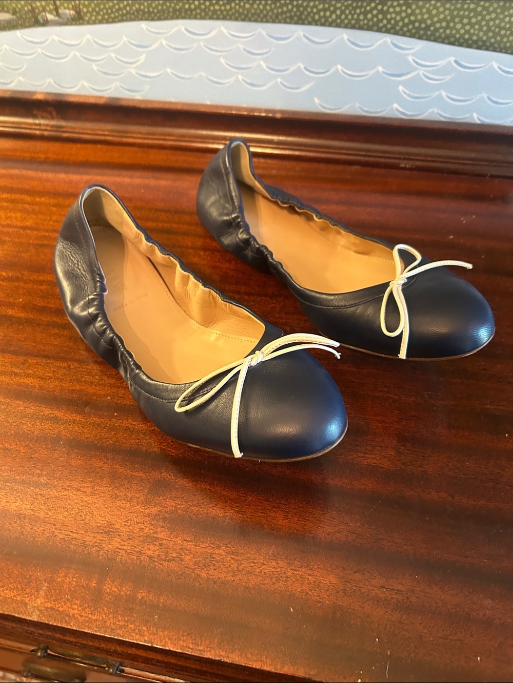 J. Crew Navy Leather Ballet Flats with Cream Bow Accent. 9.5, could fit 9.